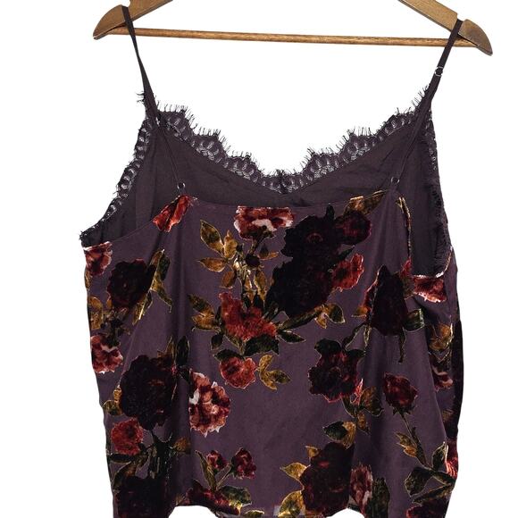 Womens Sz XL Y2K Velvet Burnout Dark Floral Lace Trim Camisole Purple Red Gold - Picture 2 of 11